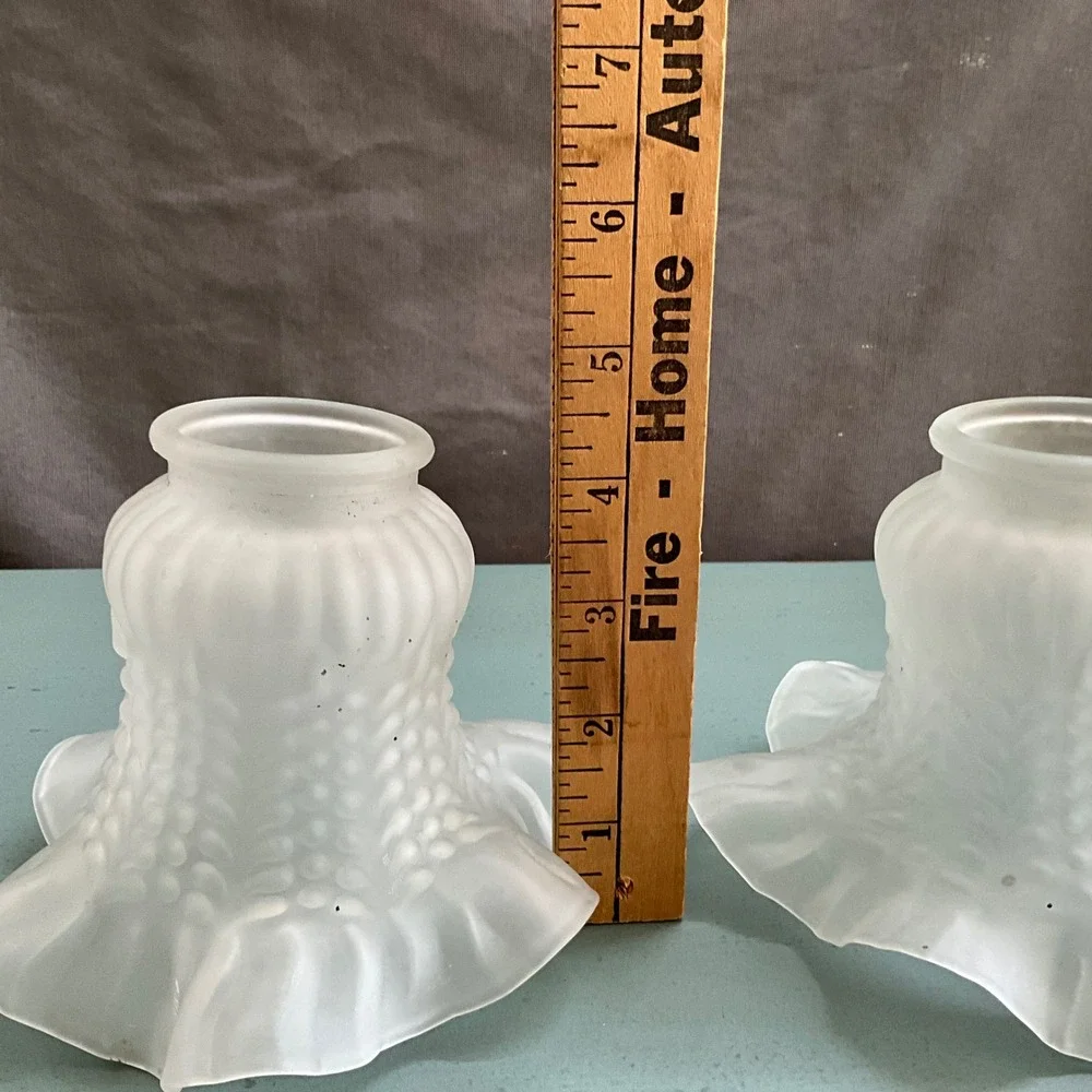 Vintage Frosted Glass Ruffled Tulip Lamp Shades Hobnail Set of 2 White 2.25 In